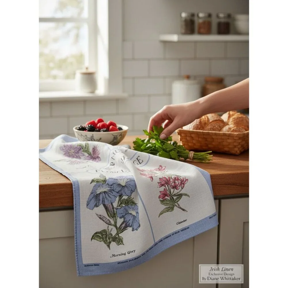 Vintage Floral Heritage Tea Towel Irish Linen Exclusive Design By Diane Whittake